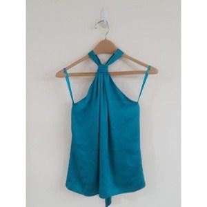 Women White House Black Market Sleeveless Aqua Silky Summer Vacation Date Halter